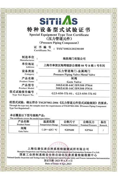 特种设备型式试验证书